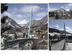 Passerella pedonale strallata a Bormio sul Torrente Frodolfo, luce 63 m. Progetto: Studio G. Calvi, Pavia - Ruolo studio Compagnoni: Direttore tecnico delle imprese